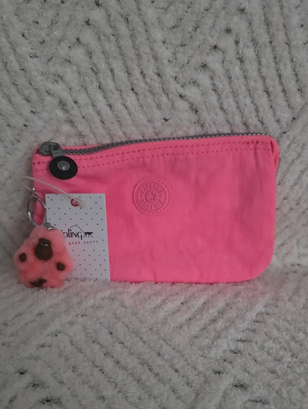 Kipling Neon Pink Kids Zip Pouch with Pom Charm